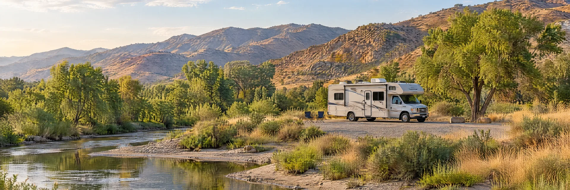 Illustration of a Class C motorhome at a fictional camping setting inspired by Jurupa Valley, CA.