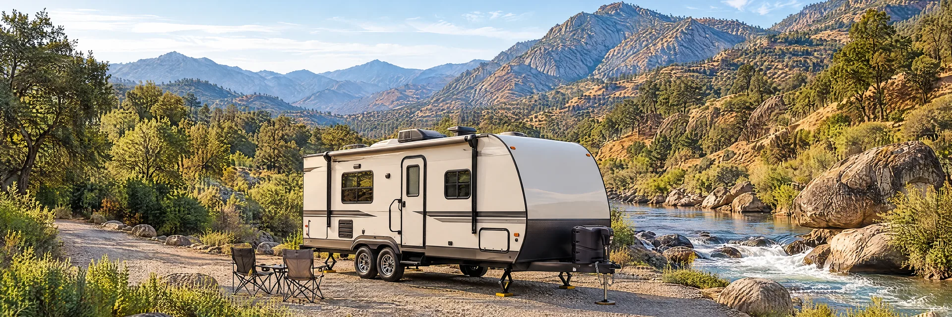 Illustration of a ivory tandem-axle travel trailer with visible hitch and stabilizers at a fictional camping setting inspired by Kernville, CA.