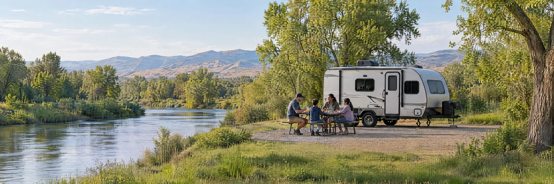 Illustration of campers enjoying a family picnic beside a compact travel trailer in a fictional camping setting inspired by Kingsburg, CA.
