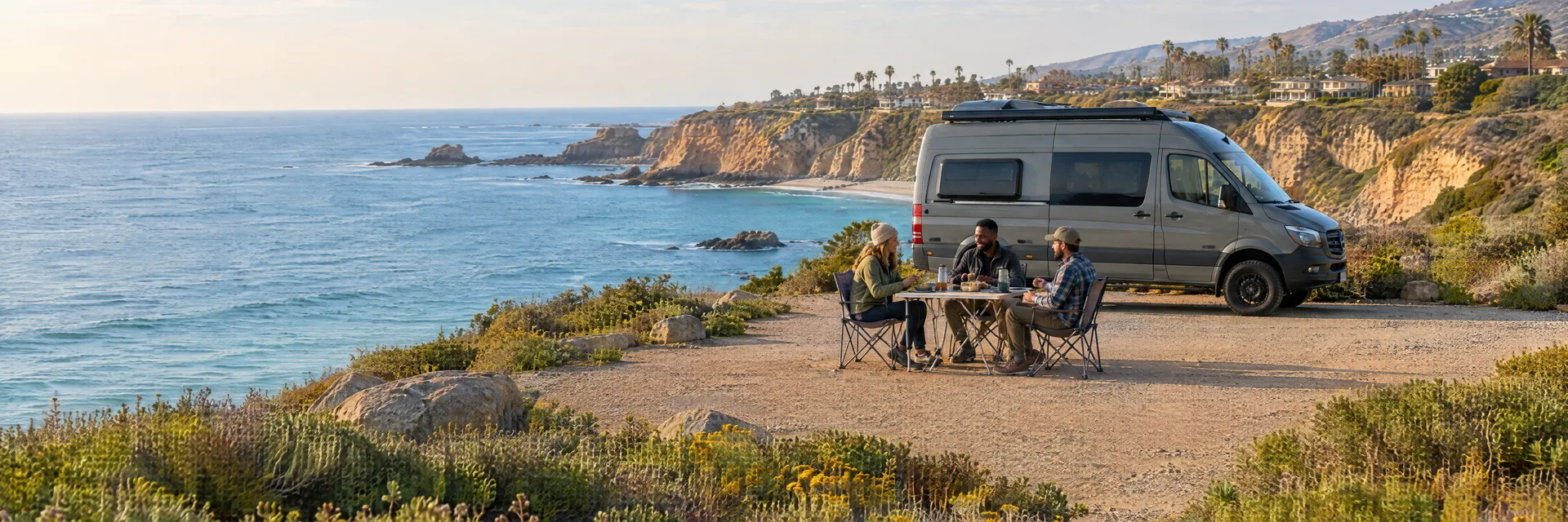 Illustration of campers enjoying an outdoor meal beside a camper van in a fictional camping setting inspired by Laguna Beach, CA.
