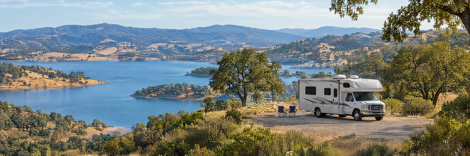 Illustration of a Class C motorhome at a fictional camping setting inspired by Lake Nacimiento, CA.
