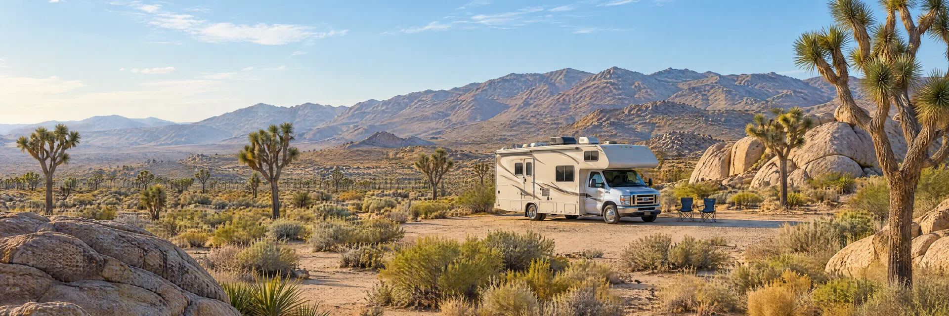 Illustration of a Class C motorhome at a fictional camping setting inspired by Landers, CA.