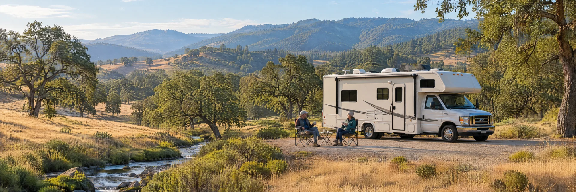 Illustration of campers enjoying morning coffee beside a Class C motorhome in a fictional camping setting inspired by Lemon Cove, CA.