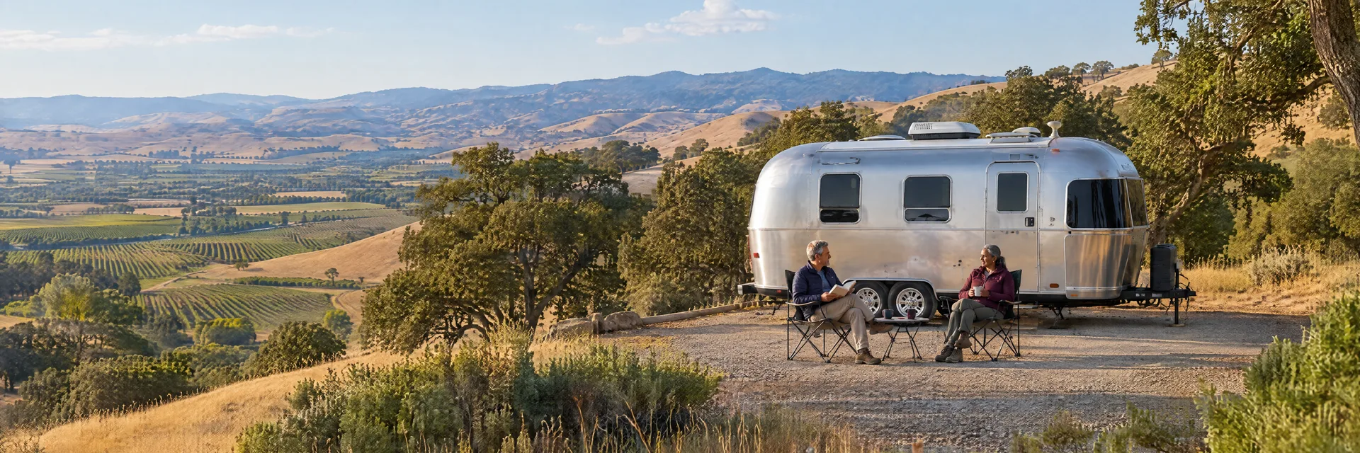 Illustration of campers enjoying relaxing at camp beside a rounded silver travel trailer in a fictional camping setting inspired by Livermore, CA.