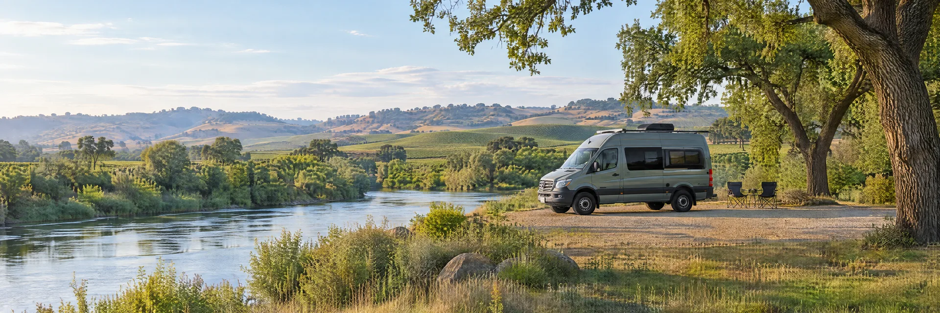 Illustration of a camper van at a fictional camping setting inspired by Lodi, CA.