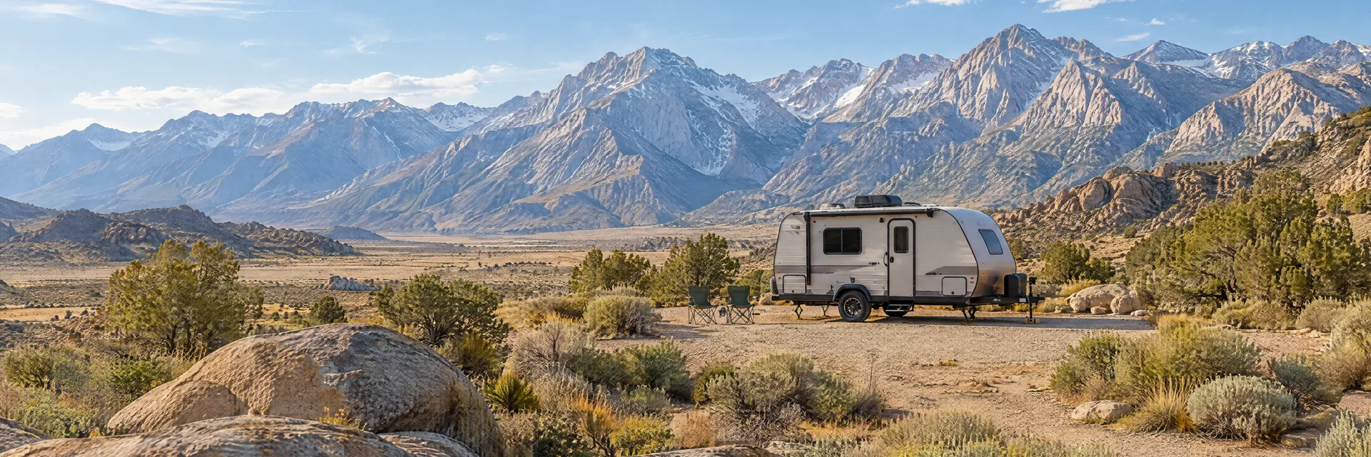 Illustration of a compact travel trailer at a fictional camping setting inspired by Lone Pine, CA.