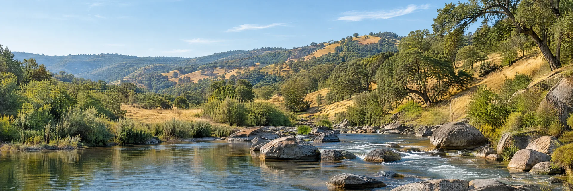 Illustration inspired by Lotus, CA: california foothill river with rounded boulders, oak woodland and golden grassy slopes.