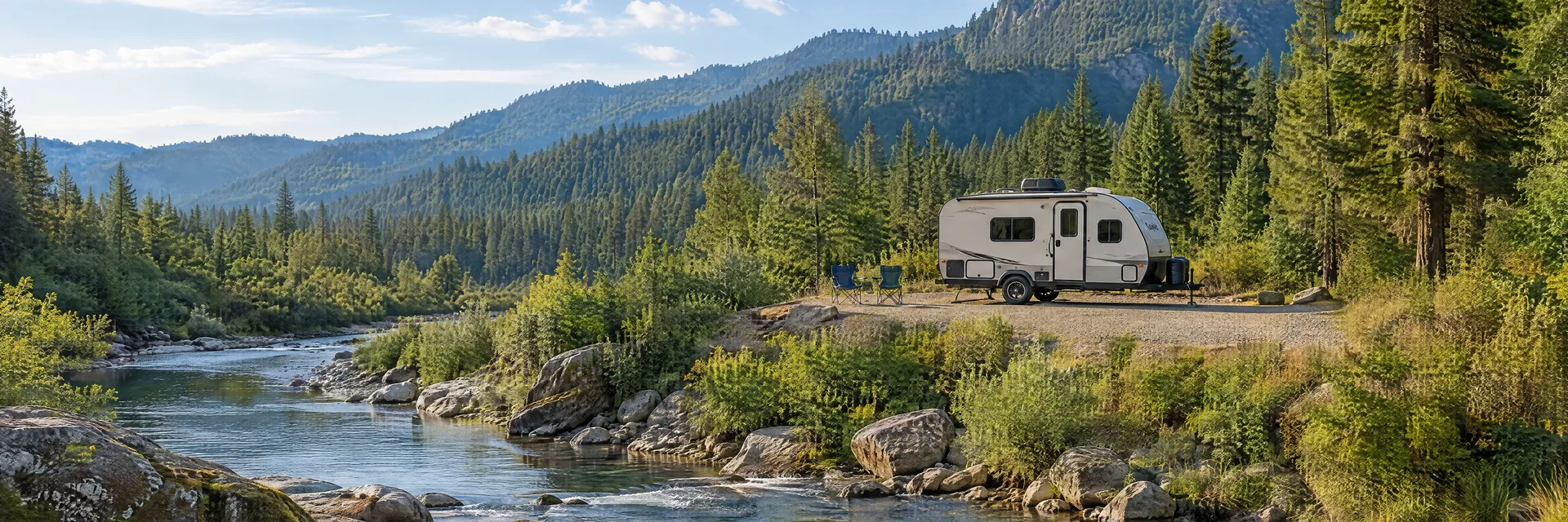 Illustration of a compact travel trailer at a fictional camping setting inspired by Mad River, CA.