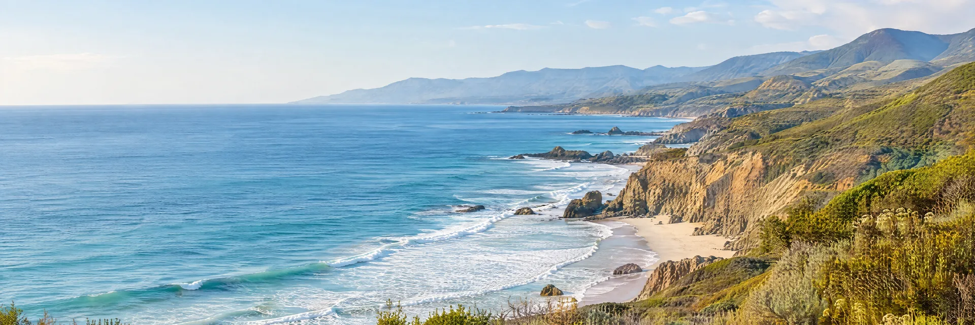 Illustration inspired by Malibu, CA: southern California coastal hills, pale sandy coves and Pacific surf, native coastal sage scrub.
