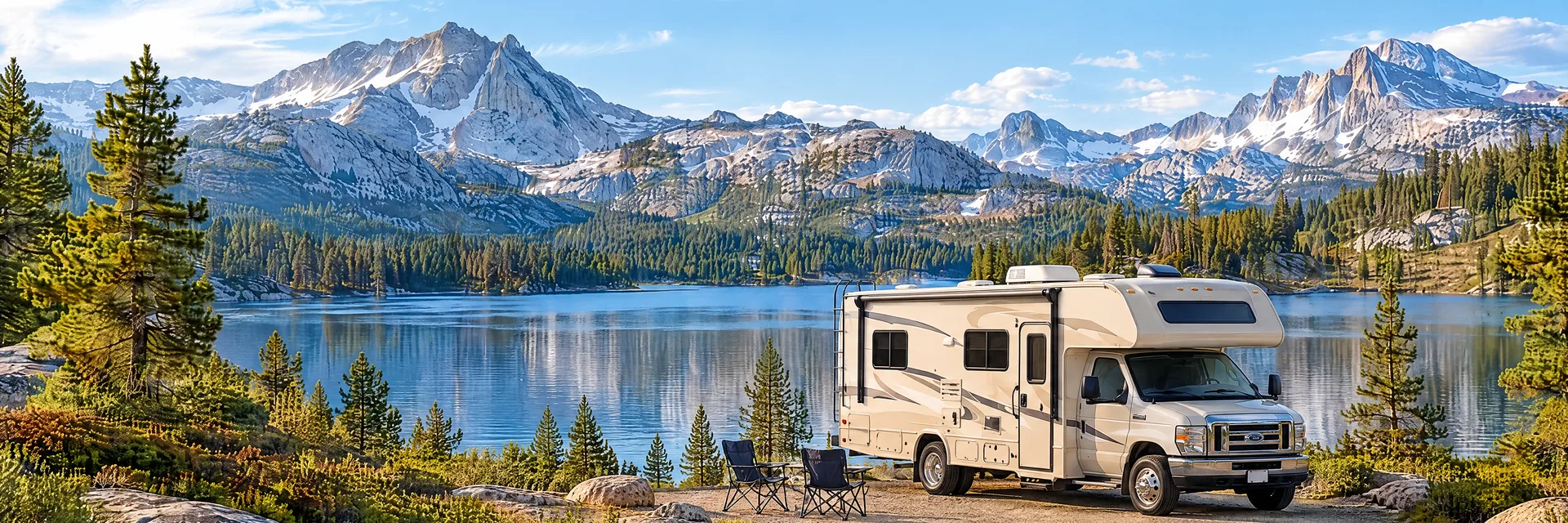 Illustration of a cream Class C motorhome with a modest overcab bunk at a fictional camping setting inspired by Mammoth Lakes, CA.