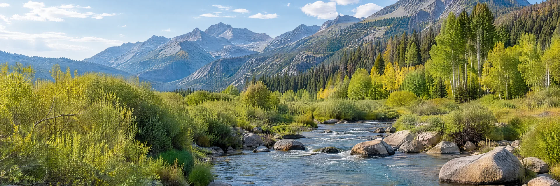 Illustration inspired by Markleeville, CA: california eastern Sierra mountain country, clear rocky river, willow and aspen groves and rugged forested mountain slopes.