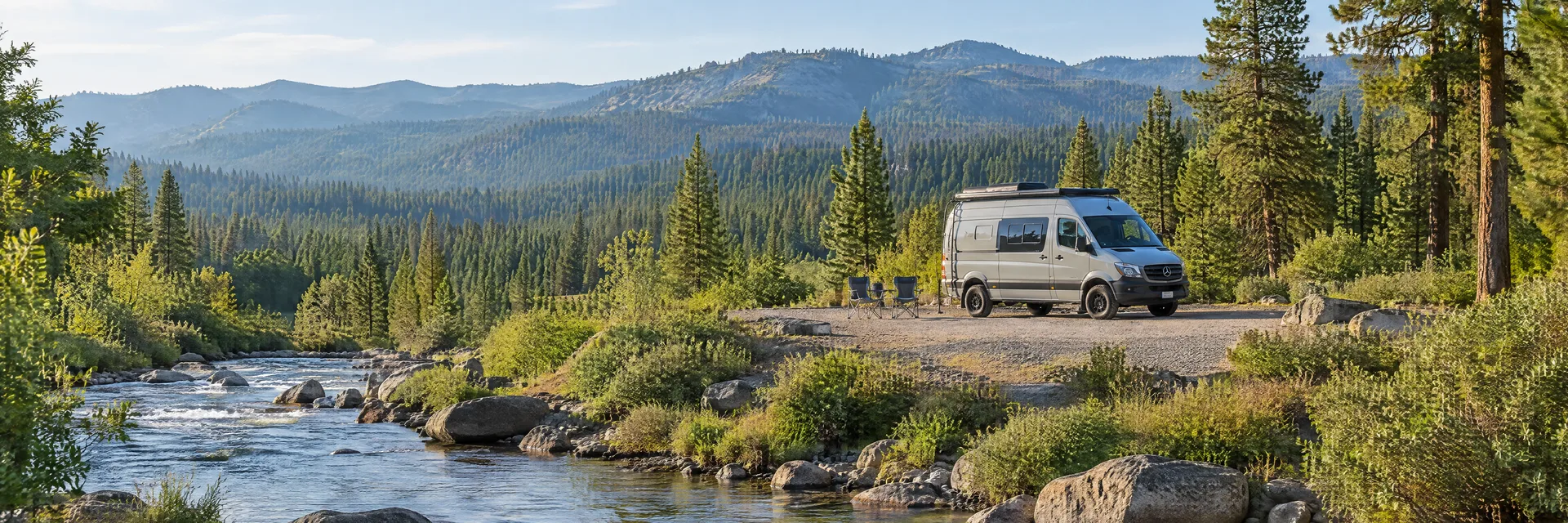 Illustration of a camper van at a fictional camping setting inspired by McCloud, CA.