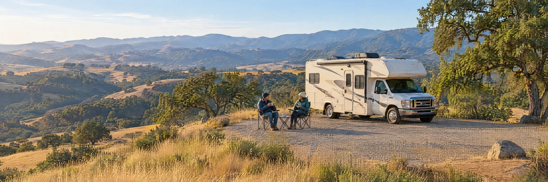Illustration of campers enjoying morning coffee beside a Class C motorhome in a fictional camping setting inspired by Morgan Hill, CA.