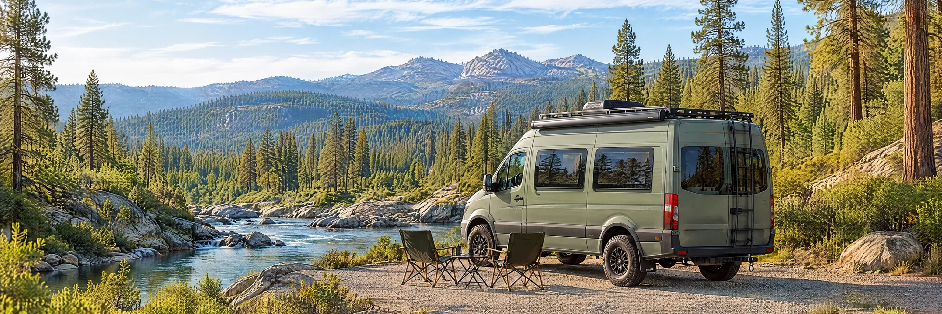 Illustration of a sage-green modern campervan at a fictional camping setting inspired by Nevada City, CA.