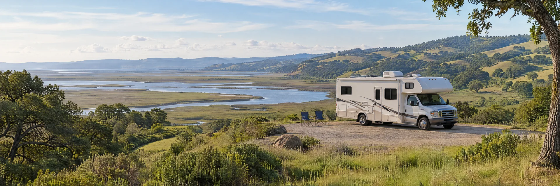 Illustration of a Class C motorhome at a fictional camping setting inspired by Novato, CA.