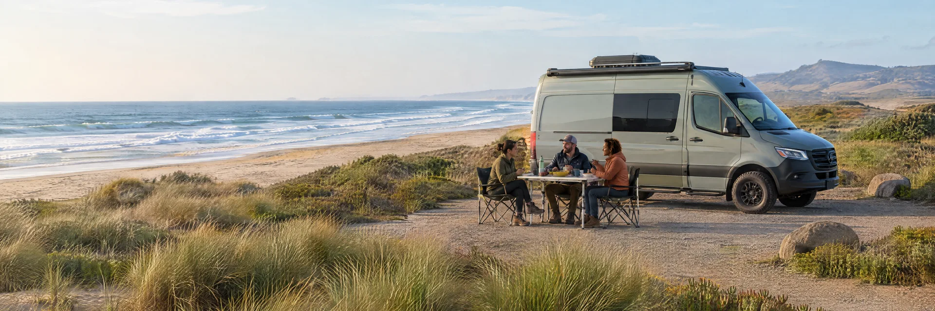 Illustration of campers enjoying an outdoor meal beside a camper van in a fictional camping setting inspired by Oceano, CA.