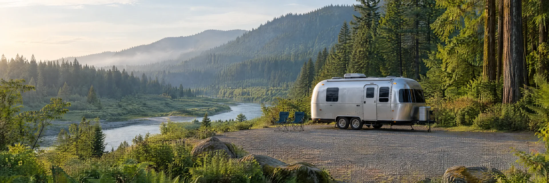 Illustration of a rounded silver travel trailer at a fictional camping setting inspired by Orick, CA.