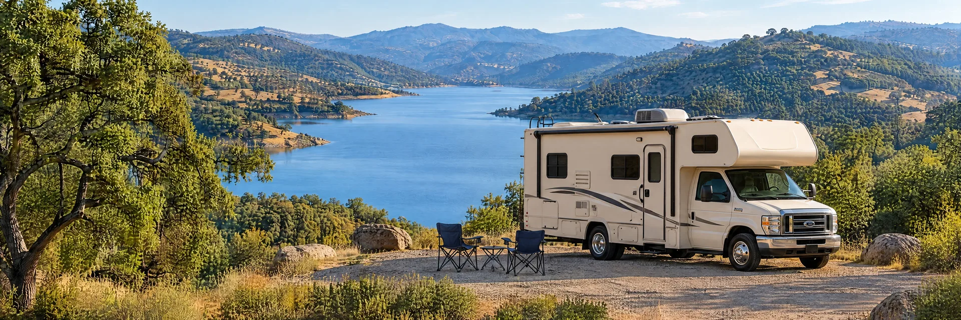 Illustration of a cream Class C motorhome with a modest overcab bunk at a fictional camping setting inspired by Oroville, CA.
