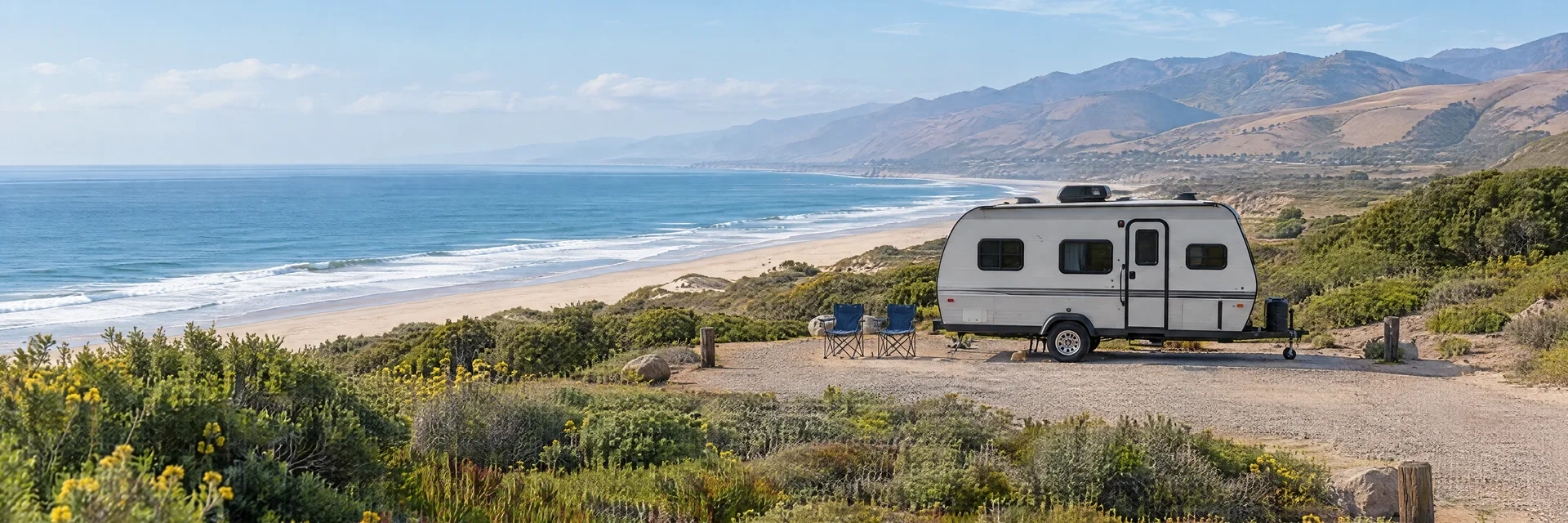 Illustration of a compact travel trailer at a fictional camping setting inspired by Oxnard, CA.