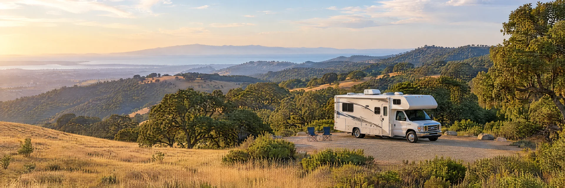 Illustration of a Class C motorhome at a fictional camping setting inspired by Palo Alto, CA.