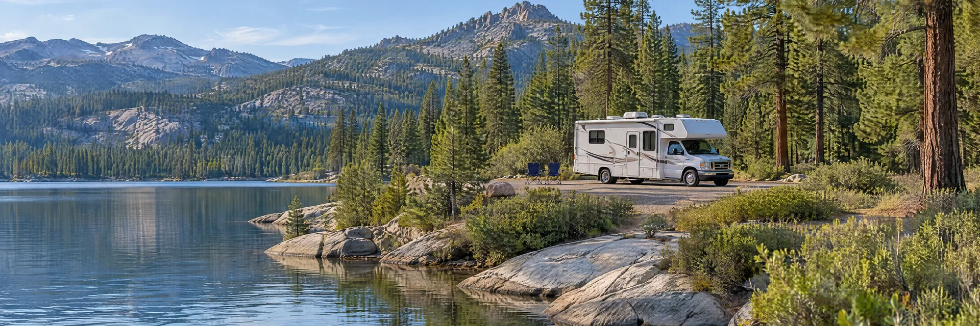 Illustration of a Class C motorhome at a fictional camping setting inspired by Pinecrest, CA.