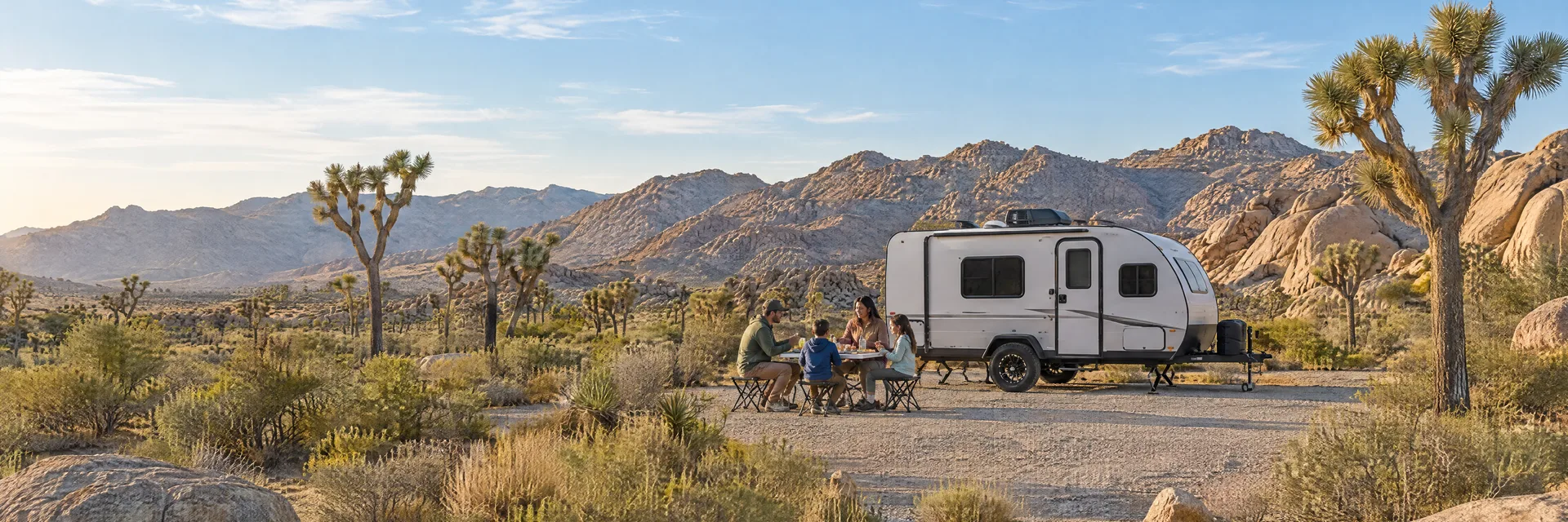 Illustration of campers enjoying a family picnic beside a compact travel trailer in a fictional camping setting inspired by Pioneertown, CA.