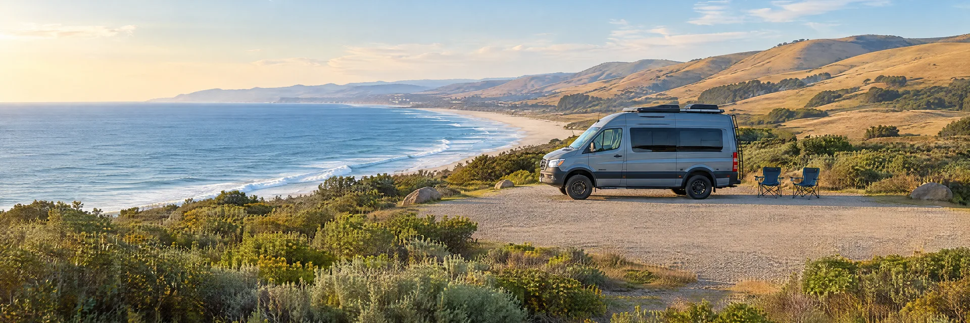 Illustration of a camper van at a fictional camping setting inspired by Pismo Beach, CA.