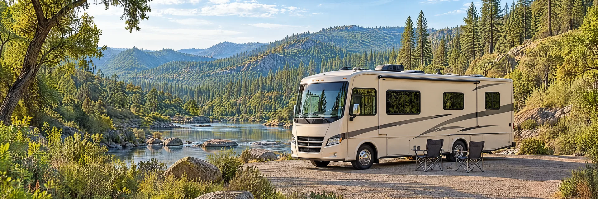 Illustration of a cream Class A motorhome with restrained charcoal trim at a fictional camping setting inspired by Placerville, CA.