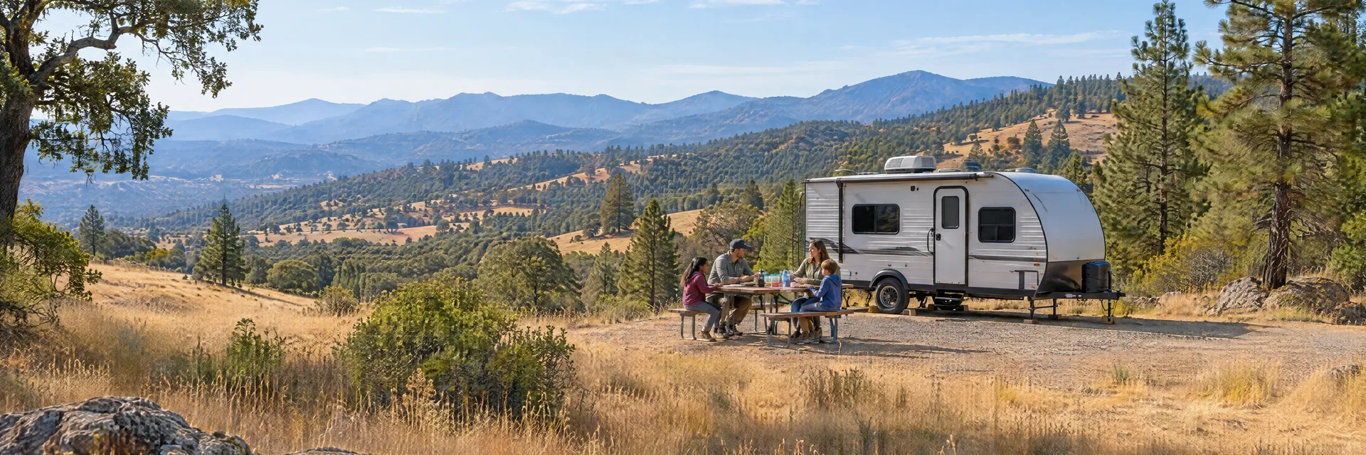 Illustration of campers enjoying a family picnic beside a compact travel trailer in a fictional camping setting inspired by Plymouth, CA.