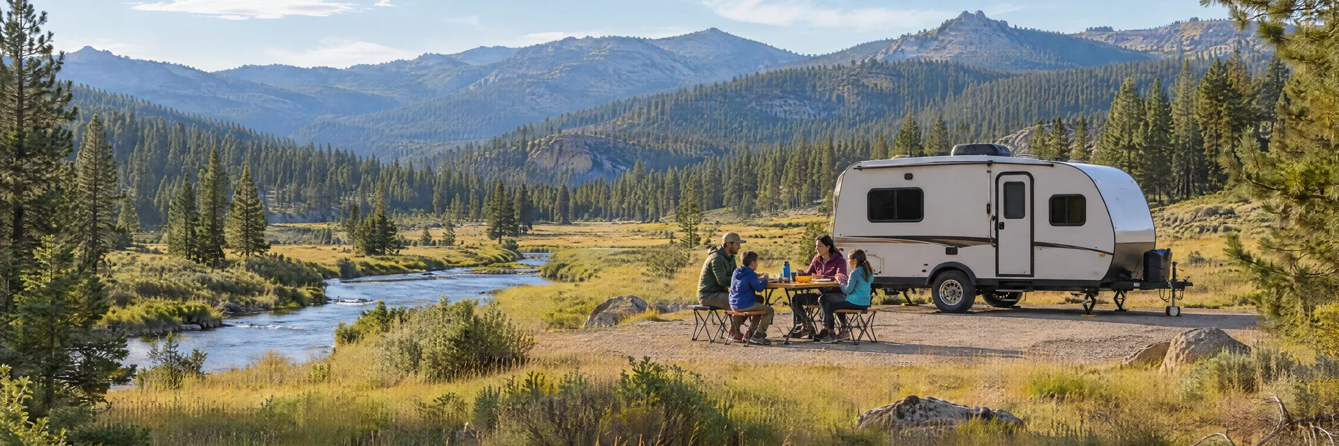 Illustration of campers enjoying a family picnic beside a compact travel trailer in a fictional camping setting inspired by Portola, CA.