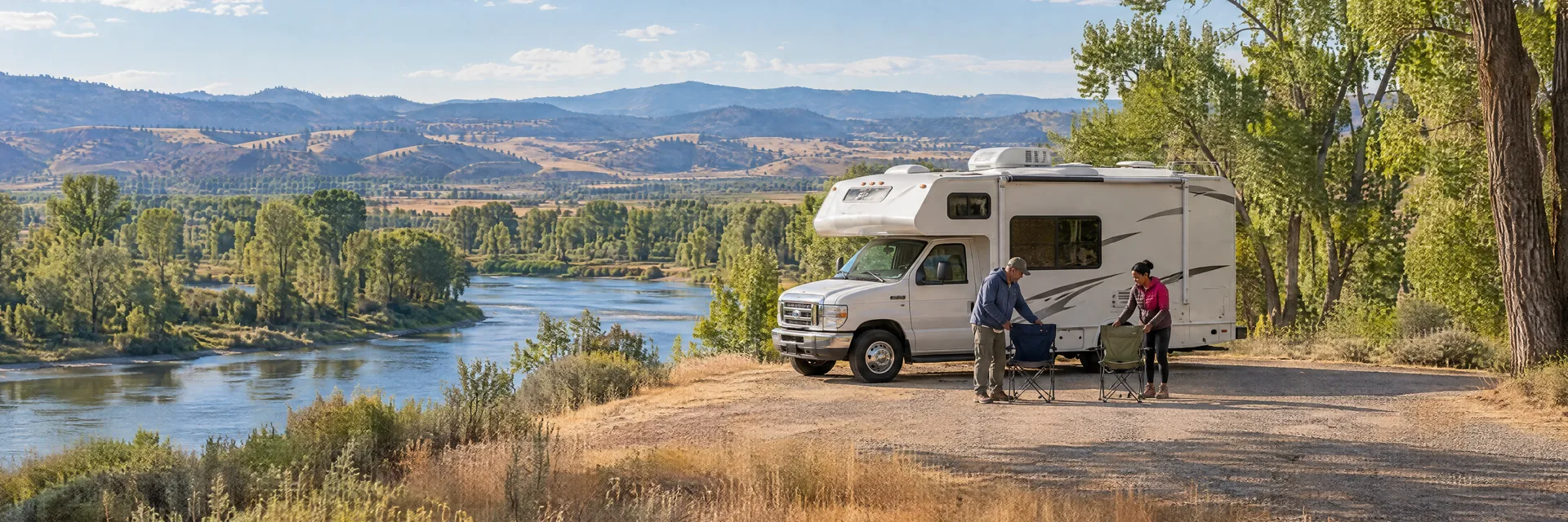 Illustration of campers enjoying setting up camp beside a Class C motorhome in a fictional camping setting inspired by Red Bluff, CA.