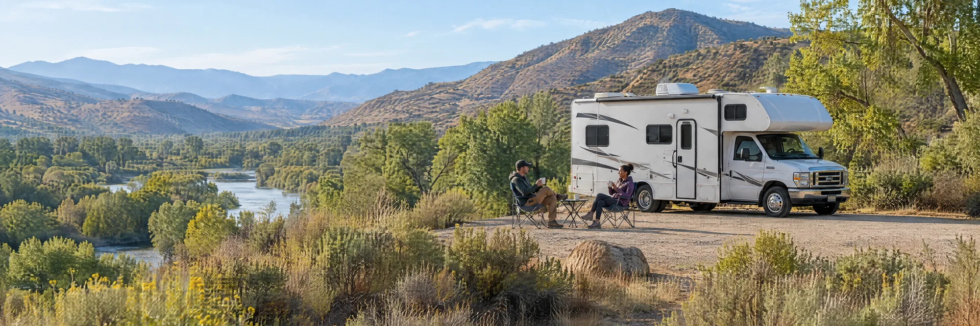 Illustration of campers enjoying morning coffee beside a Class C motorhome in a fictional camping setting inspired by Riverside, CA.