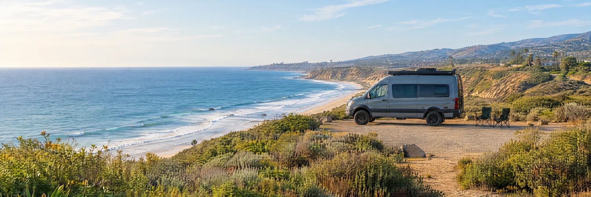 Illustration of a camper van at a fictional camping setting inspired by San Clemente, CA.
