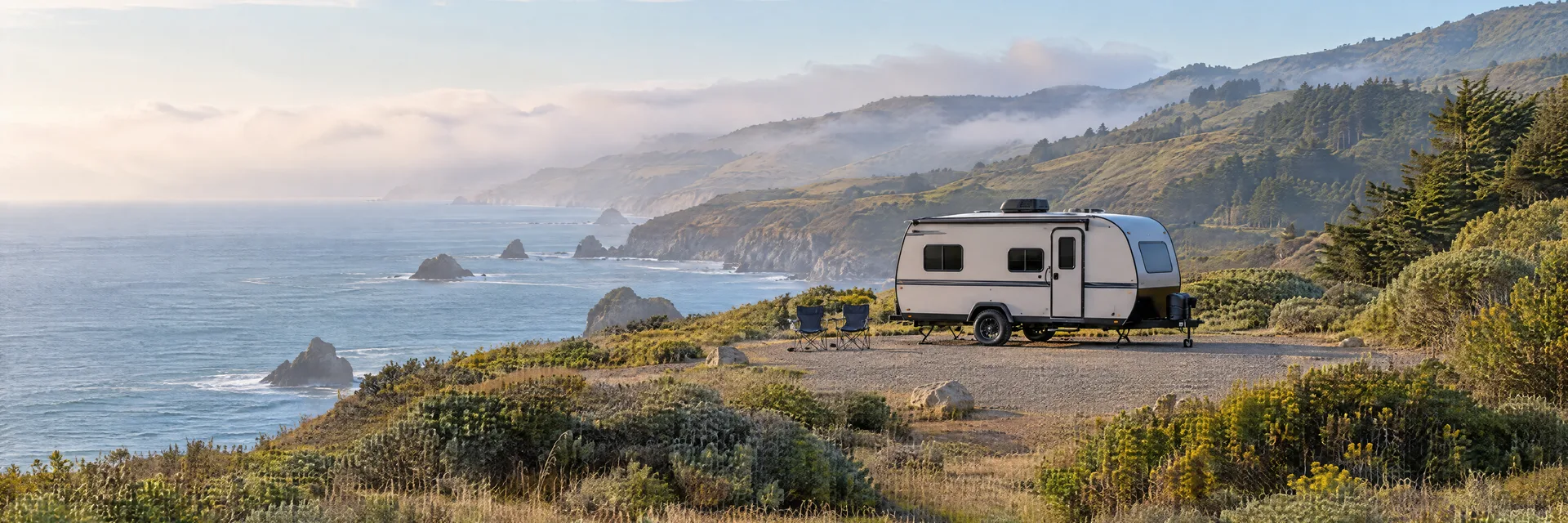 Illustration of a compact travel trailer at a fictional camping setting inspired by San Francisco, CA.