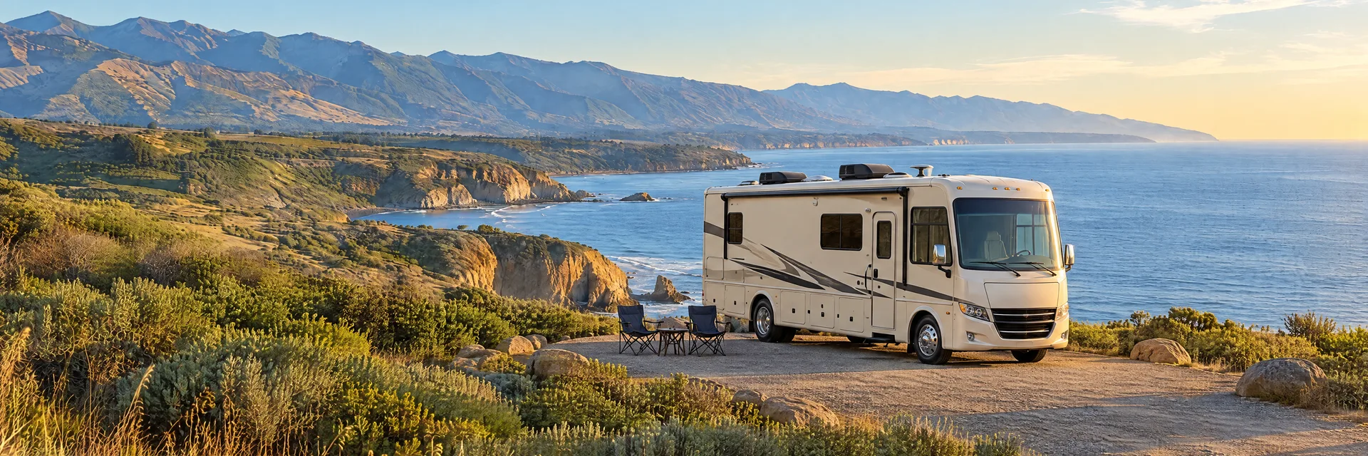 Illustration of a cream Class A motorhome with restrained charcoal trim at a fictional camping setting inspired by Santa Barbara, CA.