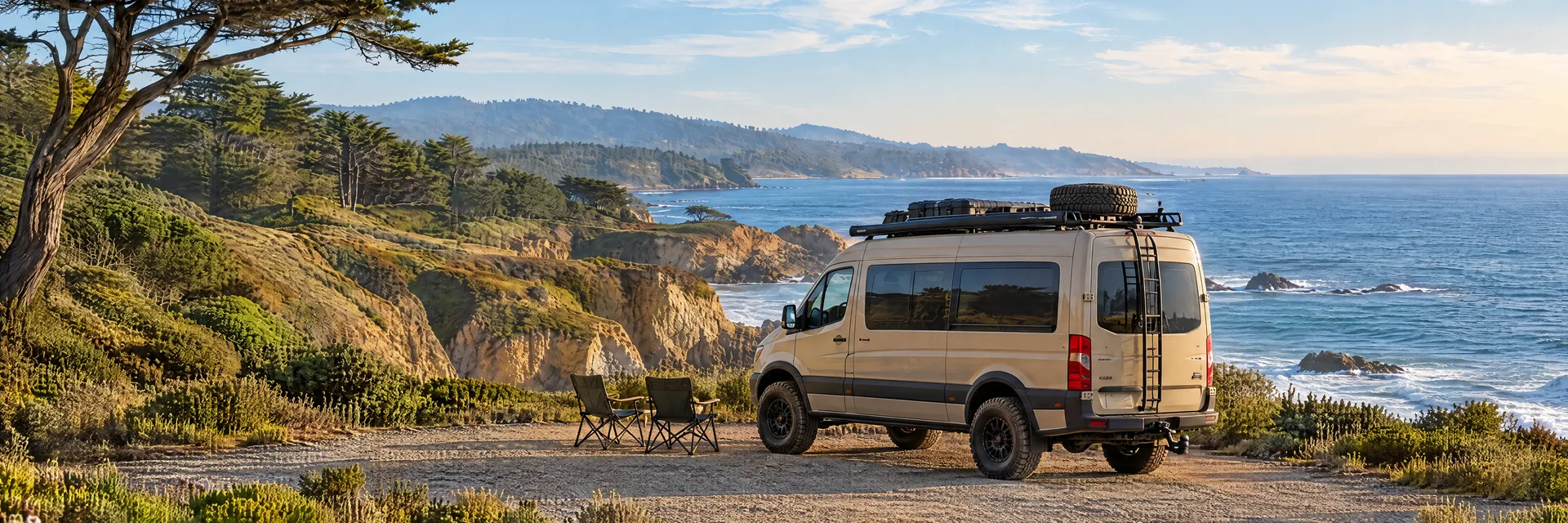Illustration of a sand-colored rugged campervan at a fictional camping setting inspired by Santa Cruz, CA.