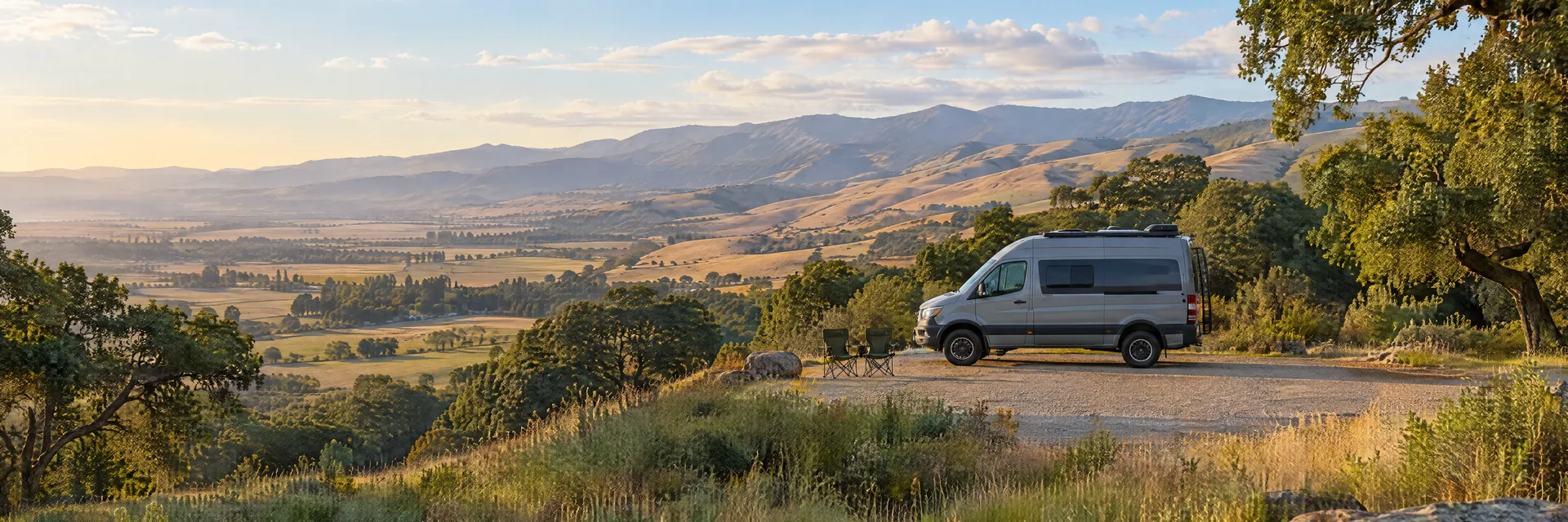 Illustration of a camper van at a fictional camping setting inspired by Santa Maria, CA.