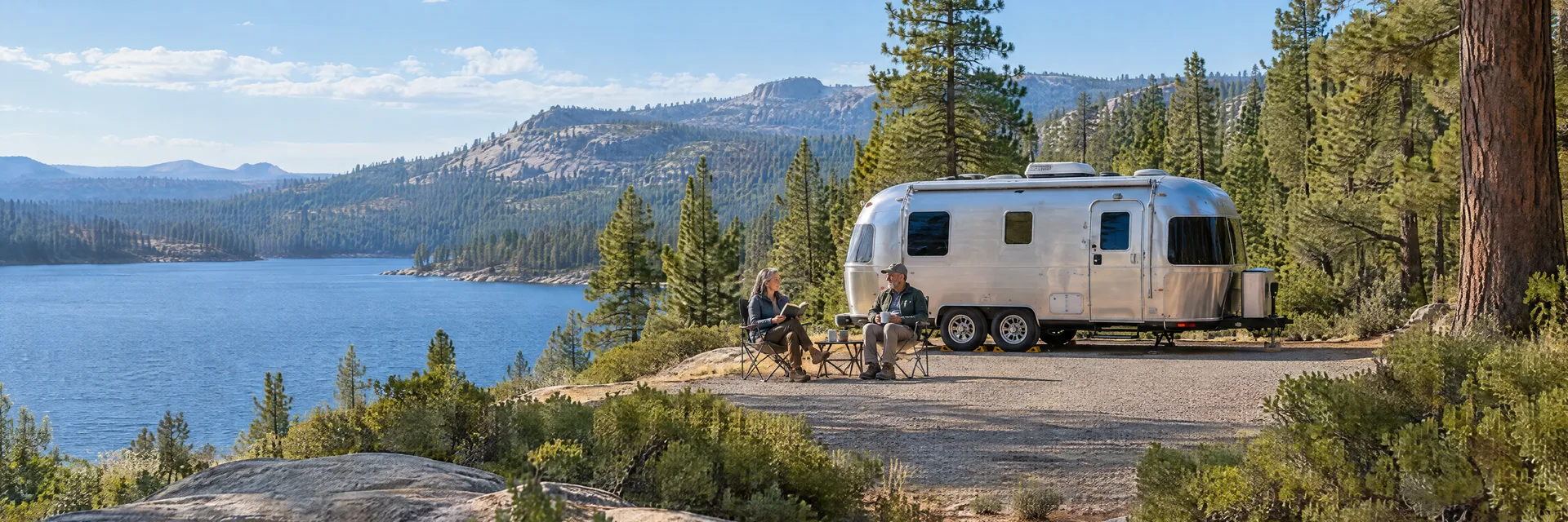 Illustration of campers enjoying relaxing at camp beside a rounded silver travel trailer in a fictional camping setting inspired by Shaver Lake, CA.