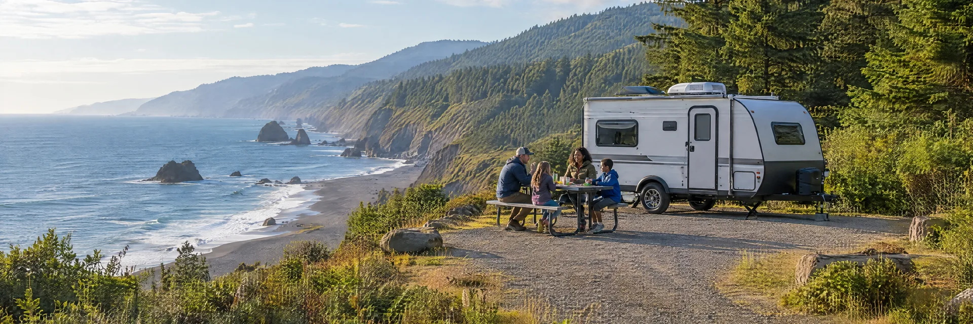 Illustration of campers enjoying a family picnic beside a compact travel trailer in a fictional camping setting inspired by Shelter Cove, CA.