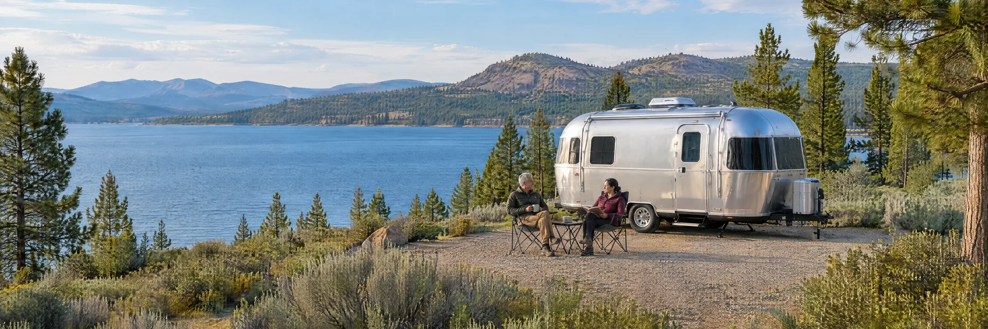 Illustration of campers enjoying relaxing at camp beside a rounded silver travel trailer in a fictional camping setting inspired by Spaulding, CA.