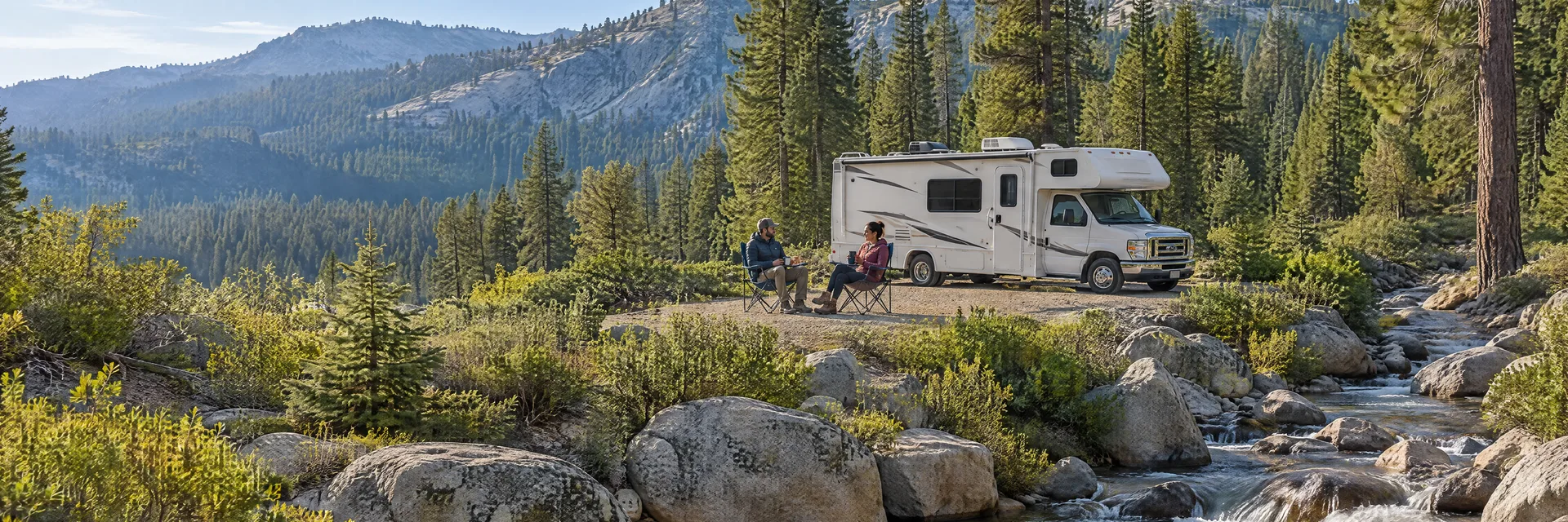 Illustration of campers enjoying morning coffee beside a Class C motorhome in a fictional camping setting inspired by Strawberry, CA.