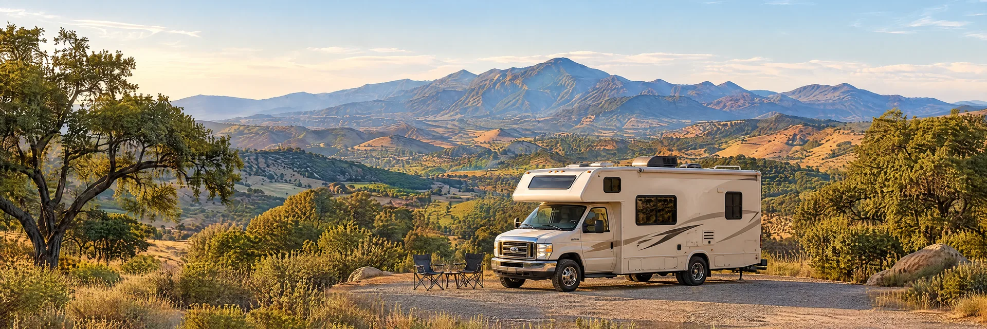 Illustration of a cream Class C motorhome with a modest overcab bunk at a fictional camping setting inspired by Temecula, CA.