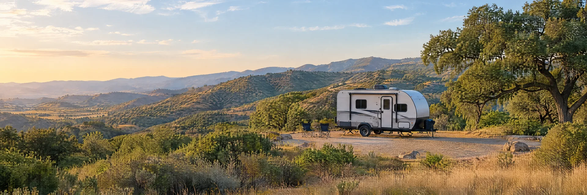 Illustration of a compact travel trailer at a fictional camping setting inspired by Thousand Oaks, CA.