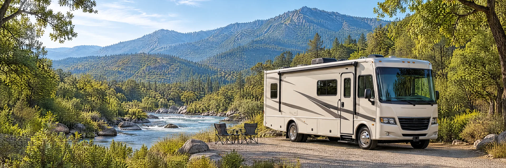 Illustration of a cream Class A motorhome with restrained charcoal trim at a fictional camping setting inspired by Three Rivers, CA.