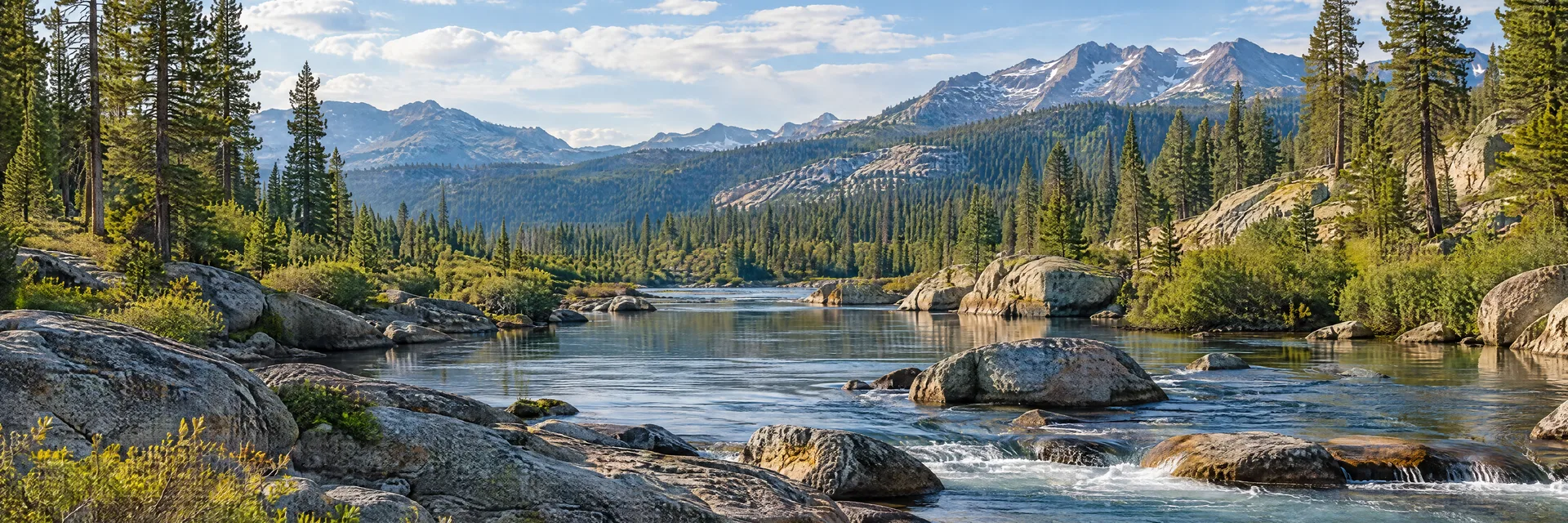 Illustration inspired by Truckee, CA: sierra mountain river with granite rocks and tall conifers.