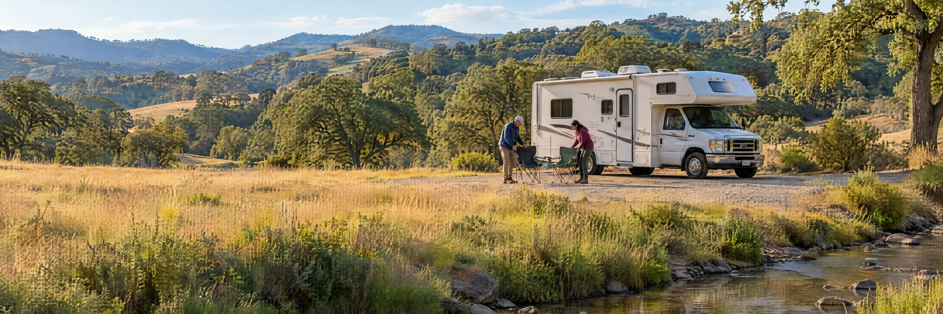 Illustration of campers enjoying setting up camp beside a Class C motorhome in a fictional camping setting inspired by Ukiah, CA.