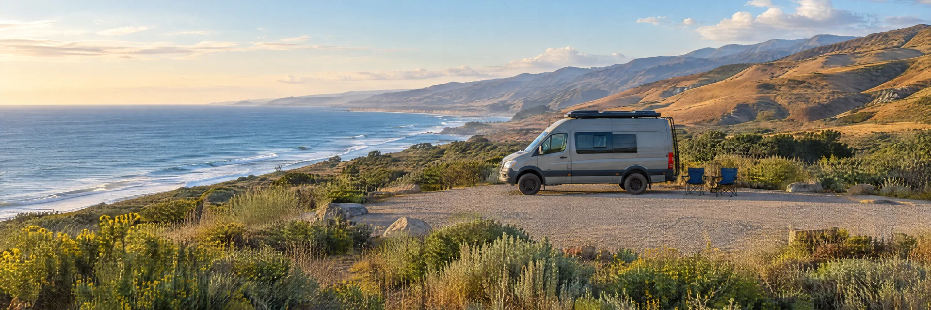 Illustration of a camper van at a fictional camping setting inspired by Ventura, CA.