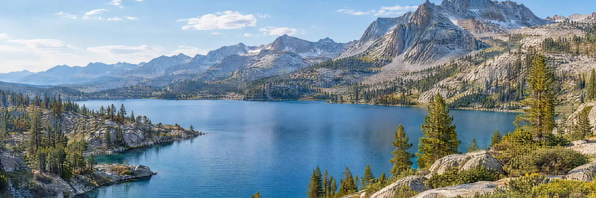 Illustration inspired by Virginia Lakes, CA: eastern Sierra high-elevation lake with clear blue water, granite slopes, sparse conifers and rugged mountain ridges, no exact viewpoint.
