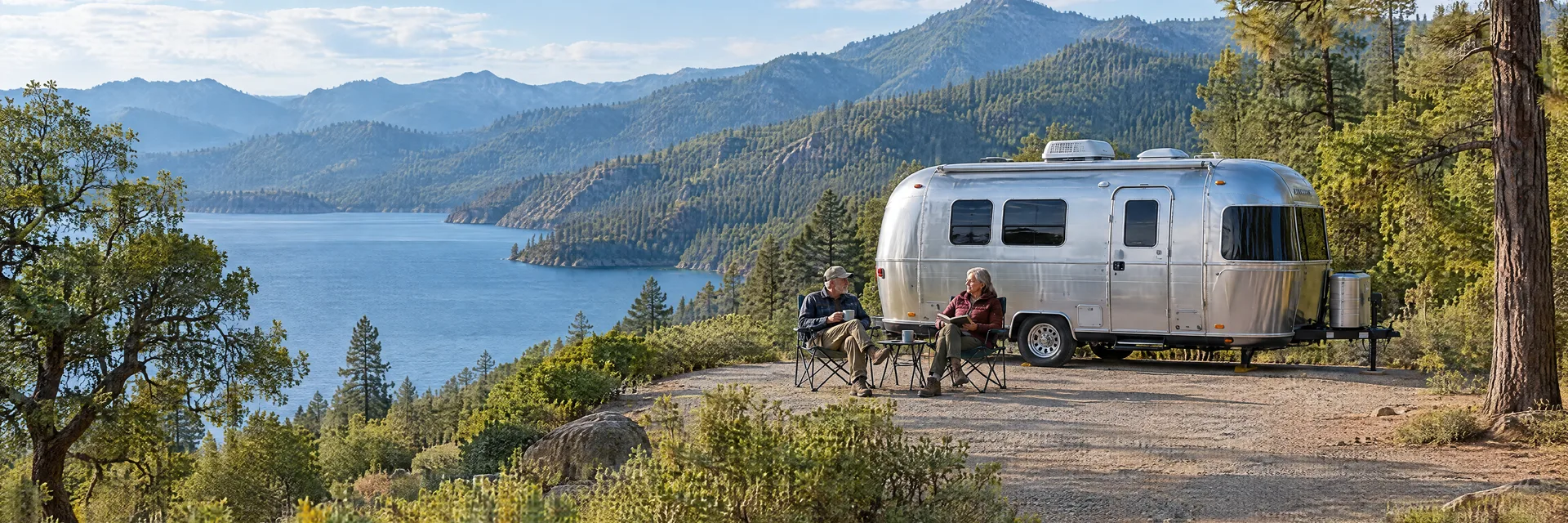 Illustration of campers enjoying relaxing at camp beside a rounded silver travel trailer in a fictional camping setting inspired by Whiskeytown, CA.