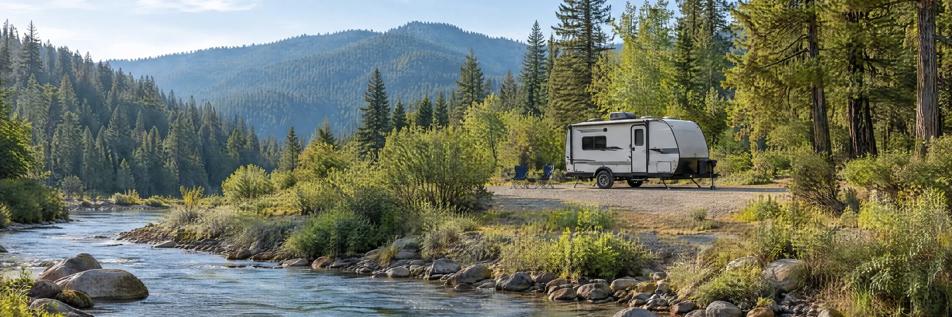 Illustration of a compact travel trailer at a fictional camping setting inspired by Willow Creek, CA.